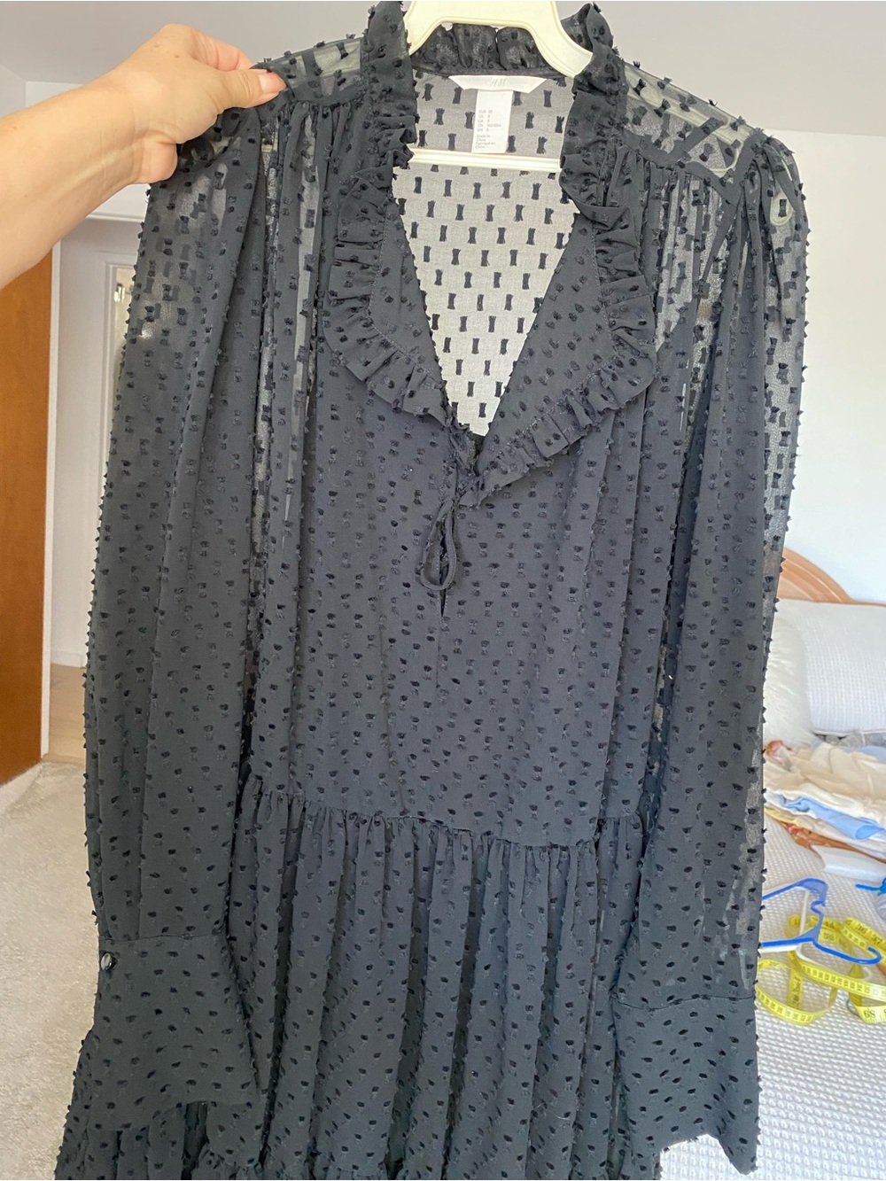 H&M Black Swiss Dot Ruffle Long-Sleeve Dress